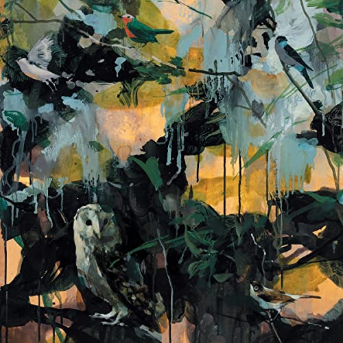 Painted album cover featuring birds amongst dark branches and a golden sky.