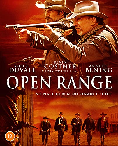 Open Range" Blu-ray cover featuring cowboys with guns, western landscape.