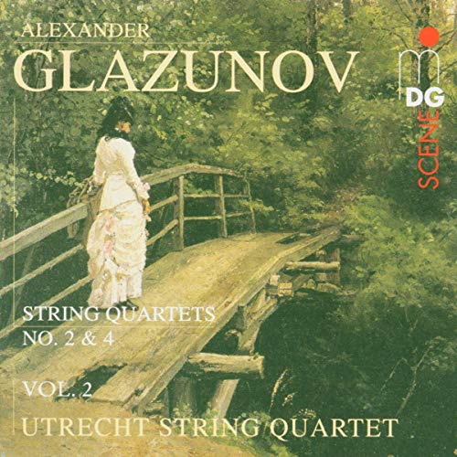 CD cover for Glazunov string quartets, featuring a woman by a bridge.