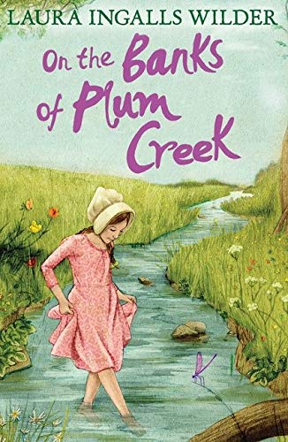 Book cover: girl in pink by a creek, illustrated landscape.