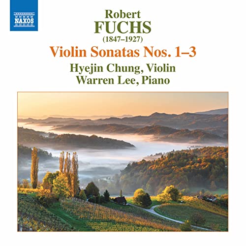 CD cover for Robert Fuchs violin sonatas, featuring a misty landscape.