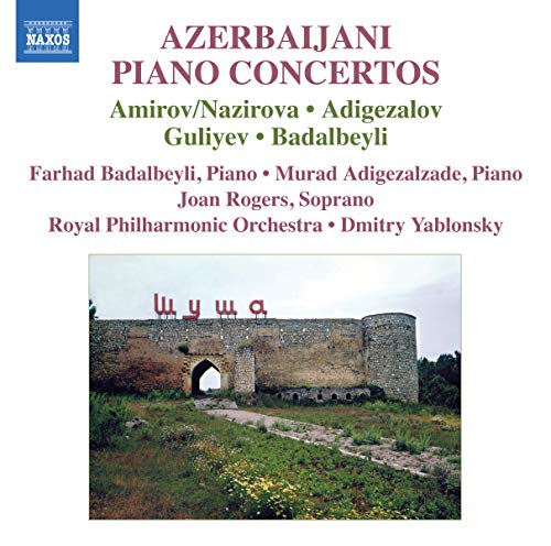 CD cover for Azerbaijani piano concertos featuring a stone fortress.