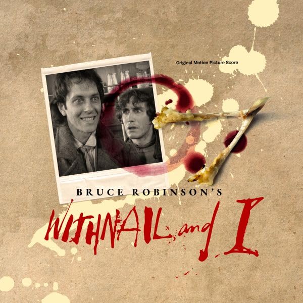 Withnail and I" vinyl record cover with film still and wine splashes.