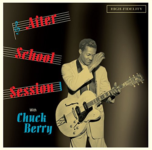 Chuck Berry playing an electric guitar, with album title text on a black background.