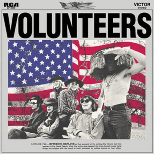 Jefferson Airplaneās āVolunteersā vinyl album cover with band members and American flag.