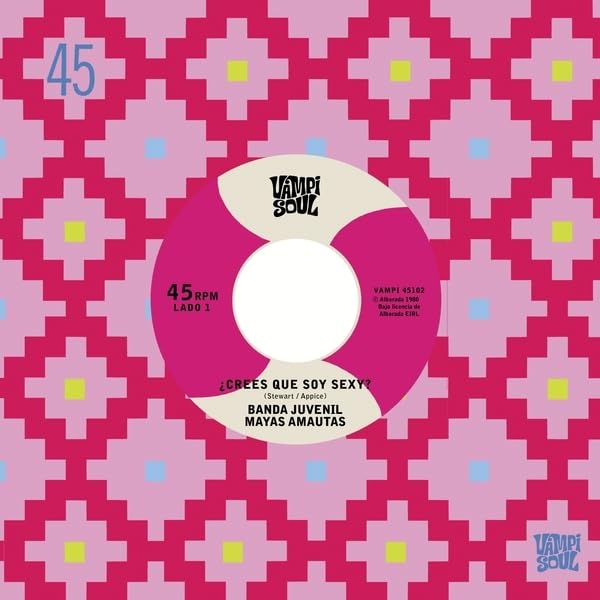 Vinyl record label with pink geometric pattern and central record hole.