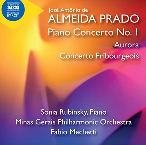 CD cover for Almeida Prado’s Piano Concerto No. 1, featuring abstract art.