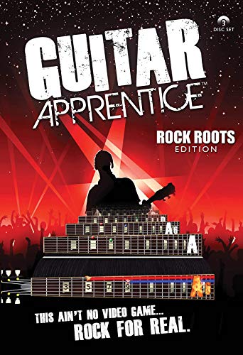 DVD cover for "Guitar Apprentice: Rock Roots" featuring a silhouetted guitarist.