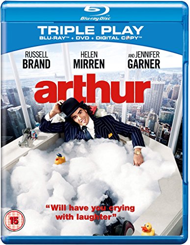 Arthur" Blu-ray cover featuring Russell Brand in a bathtub, city skyline backdrop.