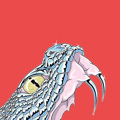 Blue cobra head with yellow eye against a red background.