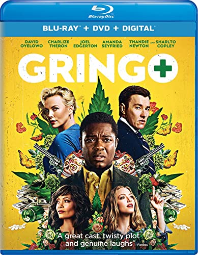 Gringo" Blu-ray cover featuring a group of actors with guns and foliage.