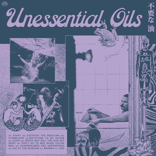 Vinyl record cover with collage of figures, a frog, and purple text.