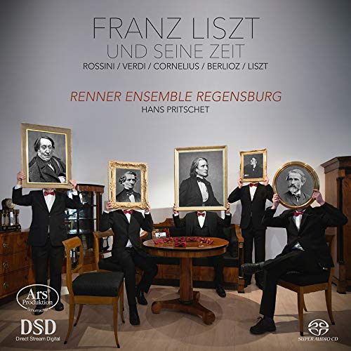 CD cover: men in tuxedos holding portraits of composers.