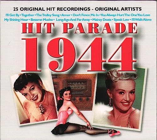 CD cover for “Hit Parade 1944” featuring singers and a vintage radio.