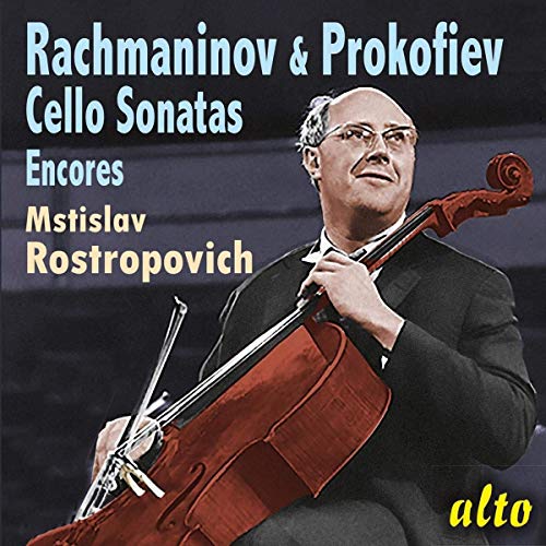 Rostropovich playing cello, album cover for Rachmaninoff and Prokofiev sonatas.