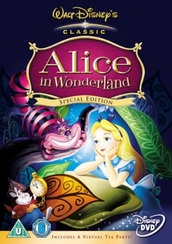 Alice In Wonderland DVD cover featuring Alice, the Cheshire Cat, and the White Rabbit.