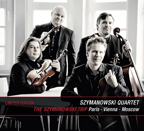 Four musicians with string instruments, portrait for "The Szymanowski Trip" CD.