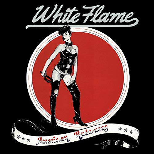 A woman in a leather corset and boots stands before a red circle.