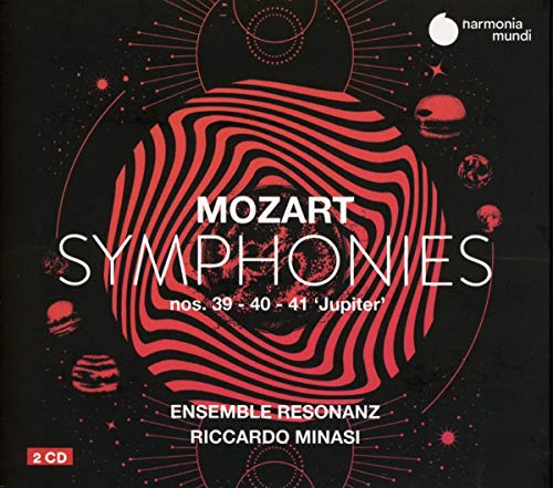 CD cover for Mozart symphonies featuring swirling red and black abstract design.