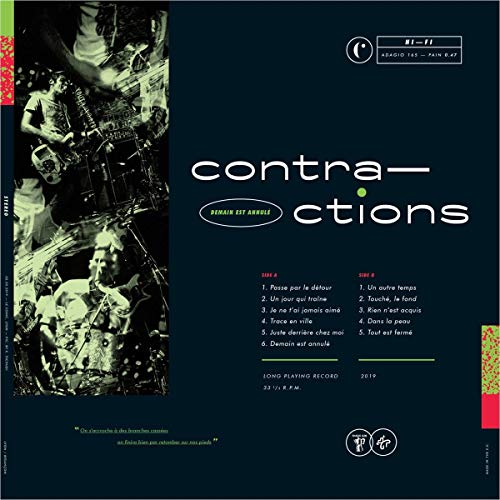 Vinyl record cover for "Contractions - Demain est annulé" with abstract imagery.