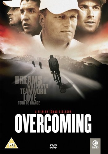 DVD cover for "Overcoming" featuring cyclists and mountain landscape.