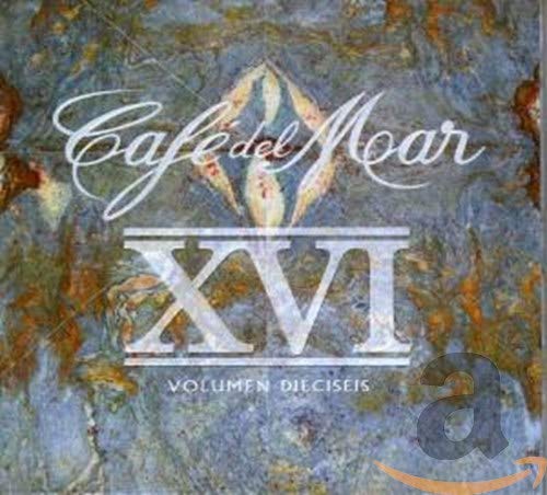 CD cover for “Cafe Del Mar XVI” with abstract blue and gold design.