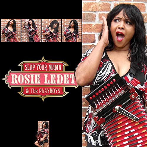 CD cover featuring Rosie Ledet with a red accordionC accordionL accordion against a brick wall.