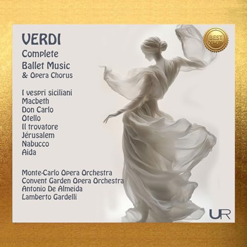 CD cover for Verdi’s complete ballet music featuring a flowing, draped figure.
