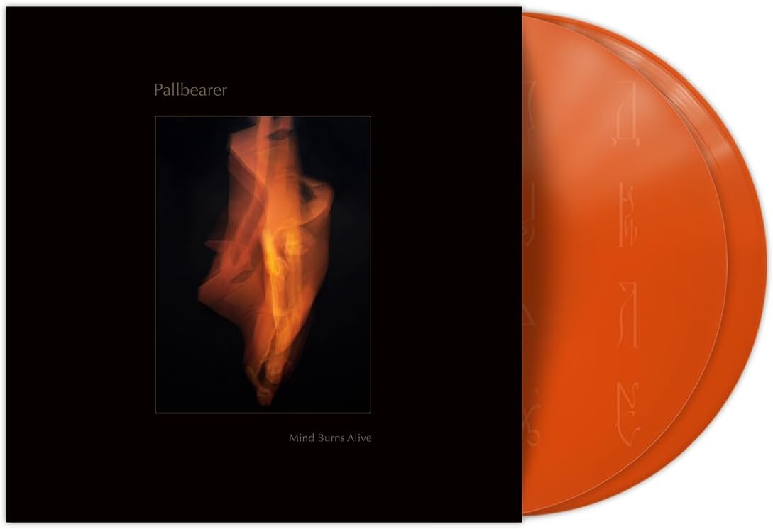 Pallbearer album cover and orange vinyl record, fiery image within a frame.