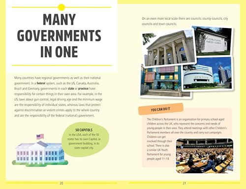 Open book pages with text, images of government buildings, and young people.