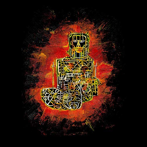 Stylized illustration of a robotic figure against a textured red and black background.
