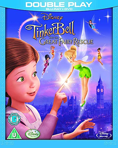 Tinker Bell And The Great Fairy Rescue" Blu-ray cover with fairies and a girl.