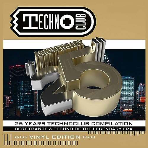 Technoclub 25th anniversary vinyl compilation cover with cityscape backdrop.