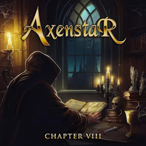 Album cover: hooded figure reading a book in a gothic setting.