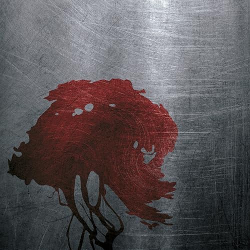 Red abstract shape resembling sound waves on a textured gray background.