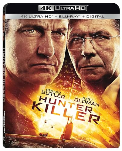 Blu-ray cover for "Hunter Killer" featuring Gerard Butler and Gary Oldman.
