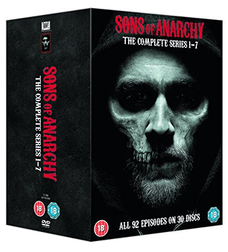 Sons of Anarchy" DVD box set, seasons 1-7, featuring a close-up of a man’s face.