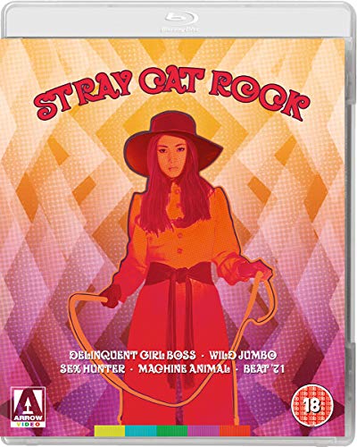 Blu-ray cover for "Stray Cat Rock" featuring a woman with a whip.