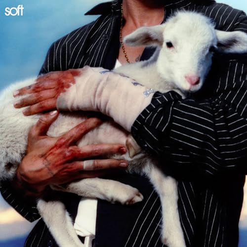Person holding a white lamb, with bloodied hands and arm.