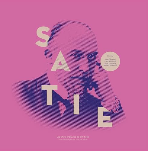 Pink album cover featuring a halftone portrait of composer Erik Satie.