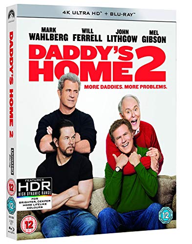 “Daddy's Home 2” Blu-ray cover featuring Will Ferrell, Mark Wahlberg, and Mel Gibson.