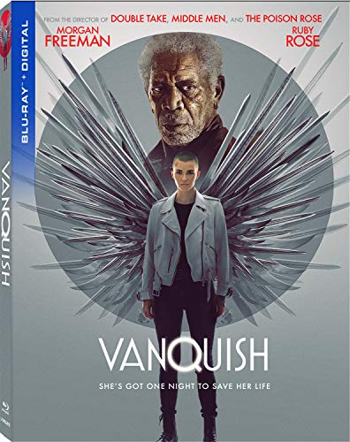 Blu-ray cover for "Vanquish" featuring Morgan Freeman and Ruby Rose.
