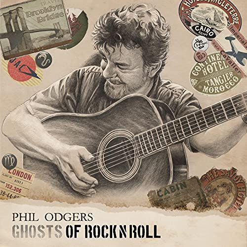 Black and white portrait of Phil Odgers with guitar and travel stamps.
