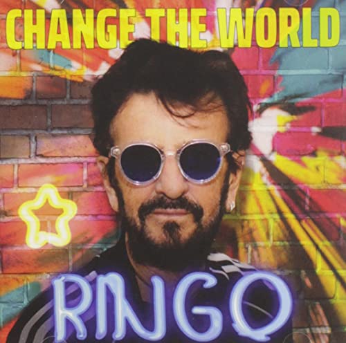 Ringo Starr in sunglasses against a colorful graffiti wall with neon text overlay.