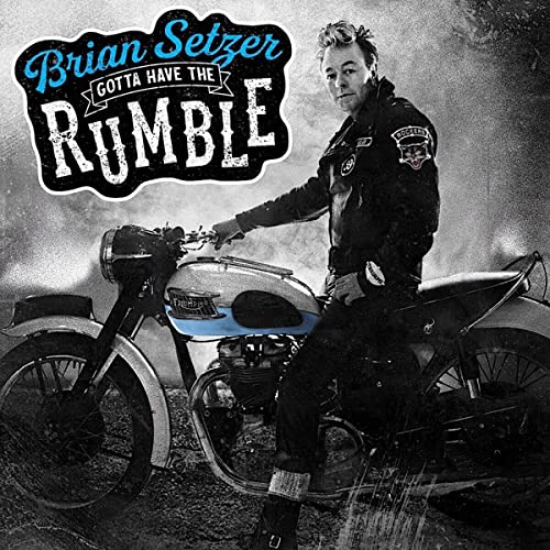 Brian Setzer album cover featuring him on a vintage motorcycle.