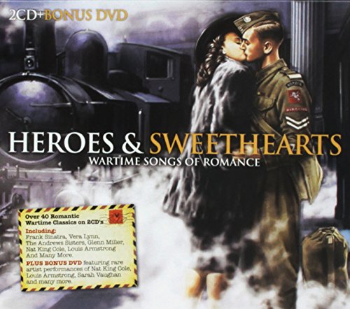 CD cover: couple embracing, wartime imagery, title “Heroes & Sweethearts”.