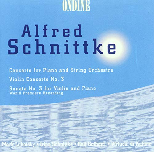 CD cover for Alfred Schnittke’s piano concerto with a blue, abstract design.