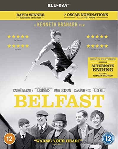 Belfast" Blu-ray cover with a boy jumping and cast members below.