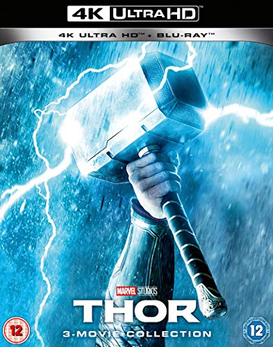 Thor holding his hammer, Mjolnir, with lightning and a blue tone.