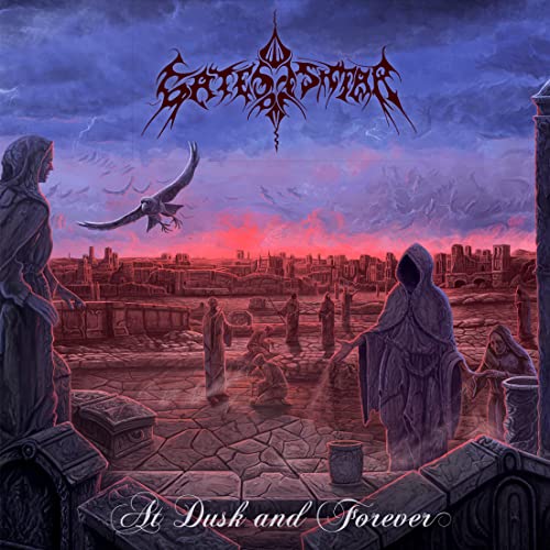 Dark fantasy album cover with figures, a bird, and a ruined city.